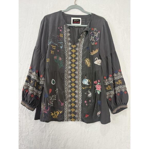 Johnny Was Tops - Johnny Was Biya Embroidered Blouse Top 100% Silk Colorful Boho Size Medium
